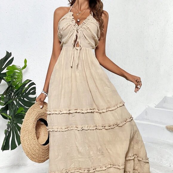 Apricot Boho Women's Solid Color Backless Halter Tie Frill Hem Dress - Picture 6 of 6